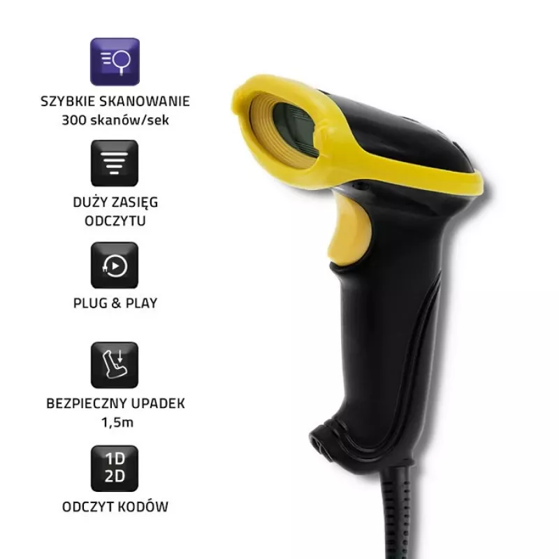 Handheld barcode reader QOLTEC 50867 — 1D/2D laser scanner, USB wired, 600 mm range, yellow/black