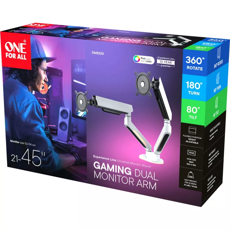 Universal Gaming Dual Monitor Arm (DM8220), Monitor Mount White, RGB