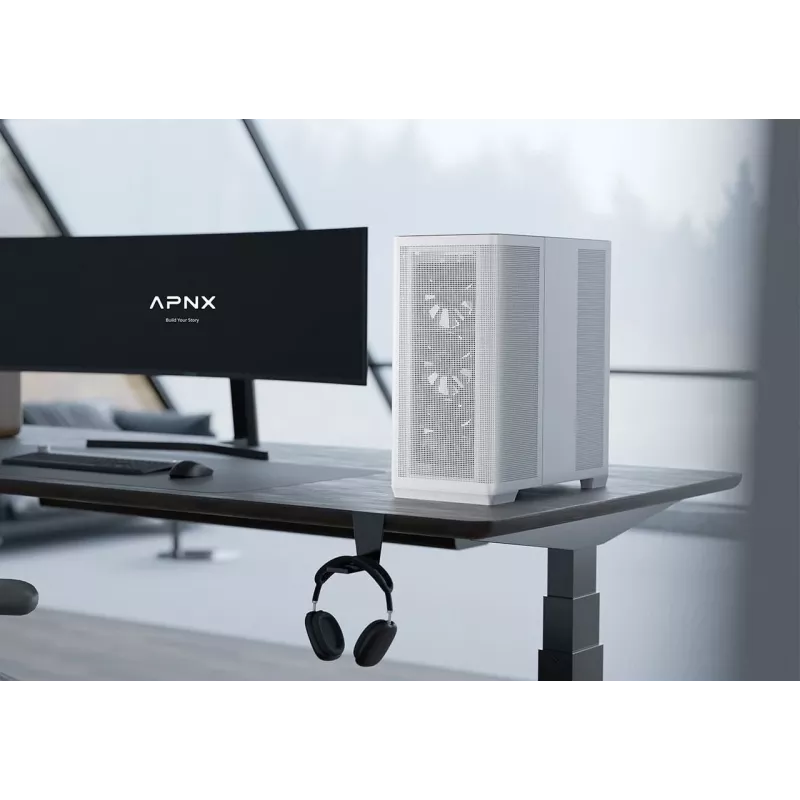 APNX PC Midi Tower C1-R-WT-v1 — White, supports ATX/Micro-ATX/Mini-ITX, 3x120 mm front fans installed, 3x3.5 inch + 3x2.5 inch bays, USB 3.2 Gen1 x2
