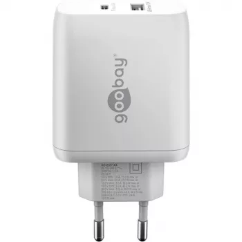 USB-C Dual-Fast Charger, PD, GaN, 65 Watt (White, 1x USB-C, 1x USB-A, Power Delivery)