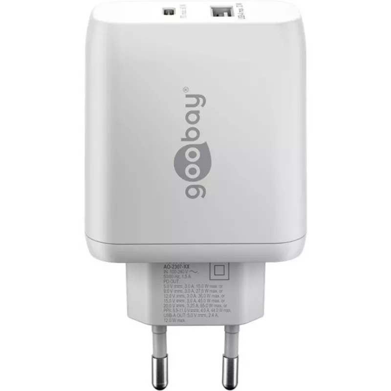 USB-C Dual-Fast Charger, PD, GaN, 65 Watt (White, 1x USB-C, 1x USB-A, Power Delivery)