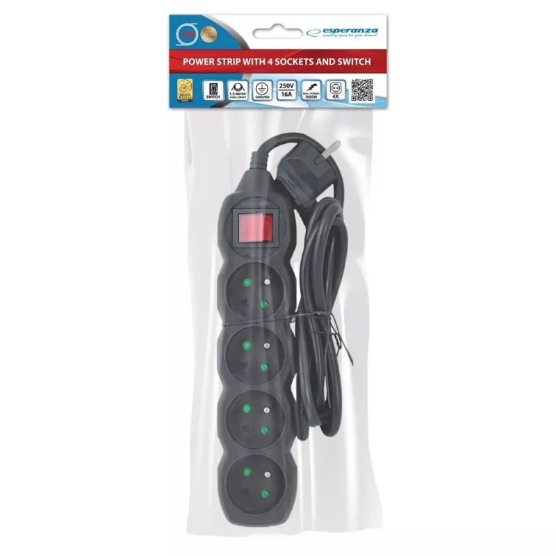 Power extension cord ESPERANZA ELK212K — 1.5 m cable, 4 Type E AC outlets, indoor, black