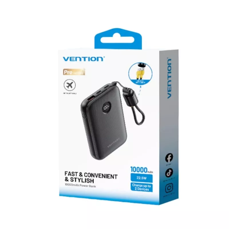 Power bank Vention FKAB0-C 10000 mAh, 2× USB-C + 1× USB-A, 22.5 W, Black