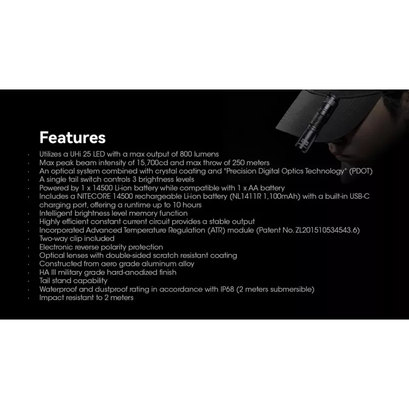 Hand flashlight Nitecore MT1A Pro — LED 50 lm, USB rechargeable, 1100 mAh, aluminum, waterproof, shockproof, black