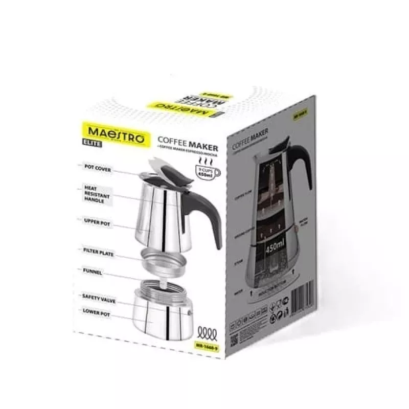 Moka pot Maestro MR-1660-9, stovetop coffee maker for 6 cups, black