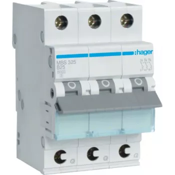 Hager MBS325. Rated Current: 25 A, AC Input Frequency: 50/60 Hz. Type: B-type, Module Quantity (max): 3 Module(e). Width: 52,5 mm, Depth: 70 mm, Height: 83,4 mm (MBS325)