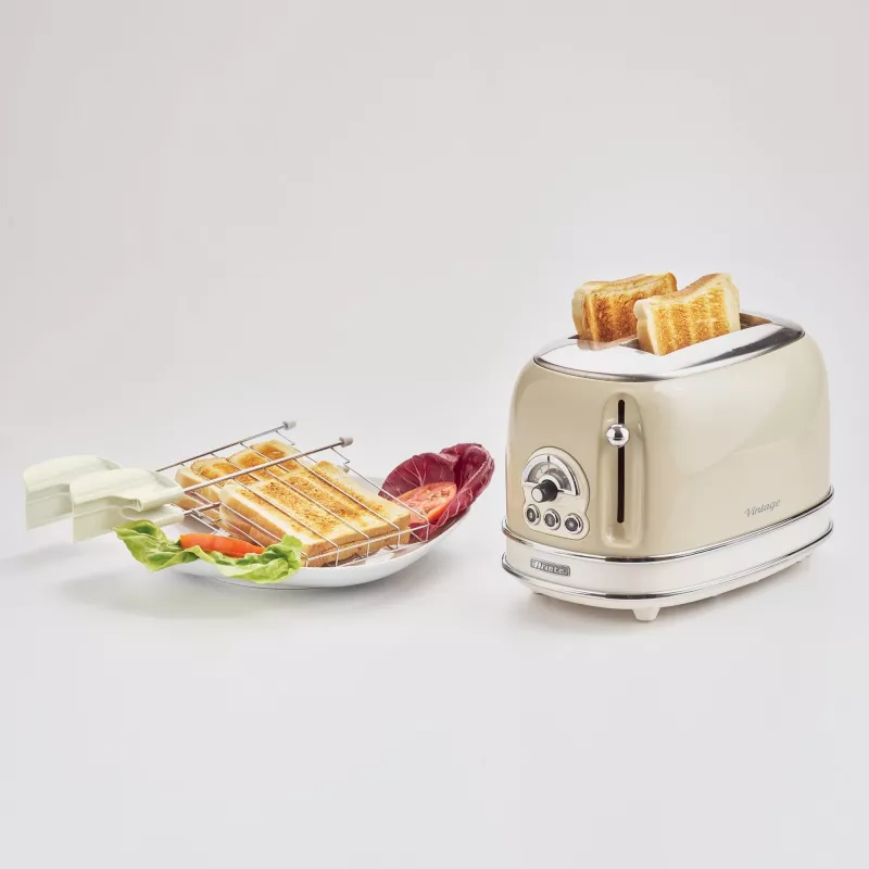 Ariete 155 Design 2 Slice Toaster with Sandwich Cages, 6 Toasting Levels, 810 W, Stainless Steel Body, Removable Crumb Tray, Pastel beige