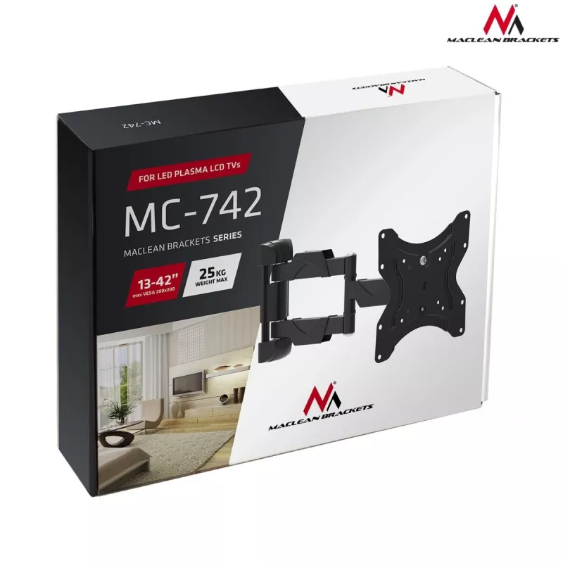 Wall TV mount MACLEAN MC-742 for 42 inch (106.7 cm), tilt -12°/+12°, VESA 75x75–200x200, max load 30 kg, black