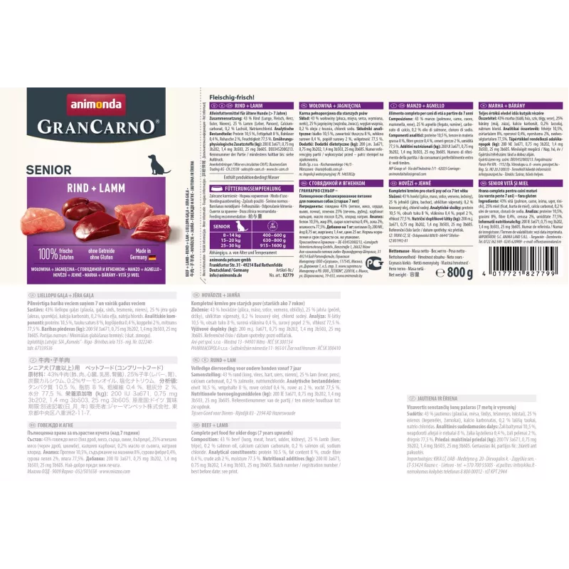 Wet dog food animonda GranCarno Senior Beef + Lamb can 800 g, protein 10.5%, fat 8.5%