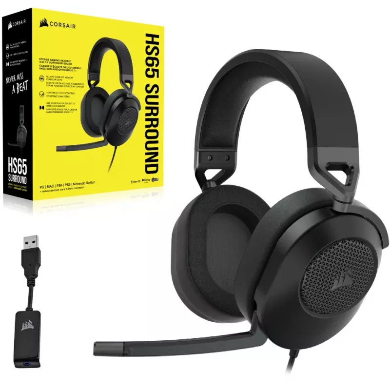 Headset CORSAIR HS65 SURROUND wired gaming headset, supra-aural, 3.5 mm + USB adapter, 32 Ω, 282 g, carbon