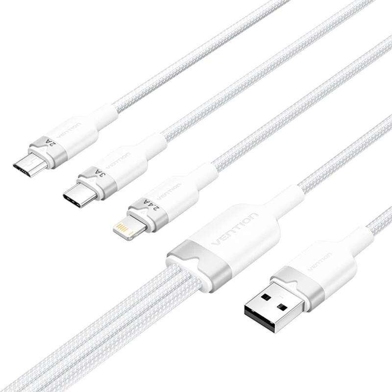 USB 2.0 A to 3‑in‑1 3A cable Vention CTPWG 1.5 m white