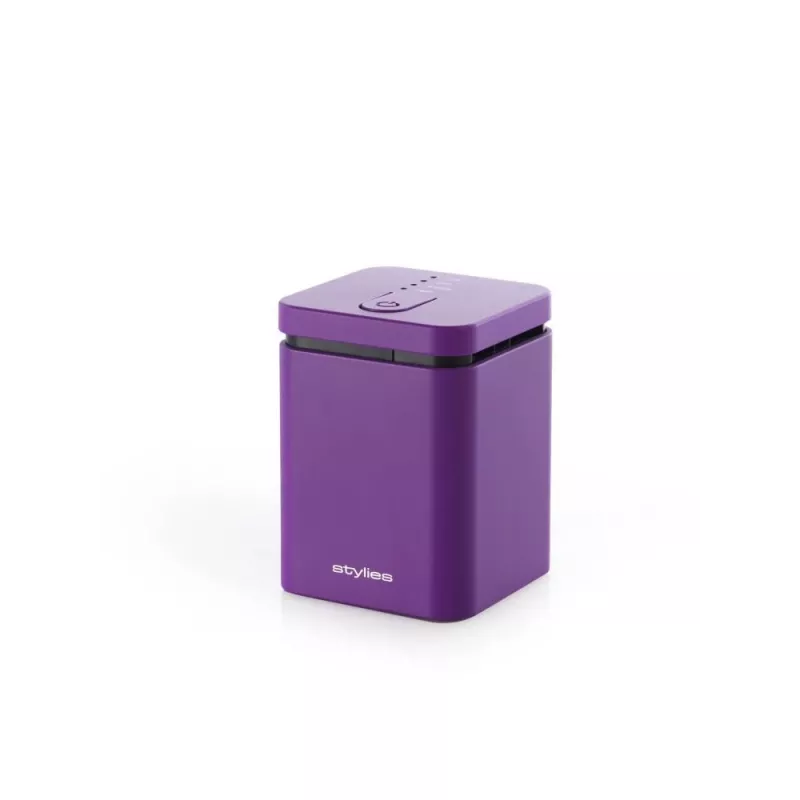 Evaporative aroma diffuser Stylies ELARAPURPLE for rooms up to 25 m² — purple, rectangular, AC/battery/USB power, fragrance cartridge, 2 h timer, 74×74×100 mm, 1.3 W