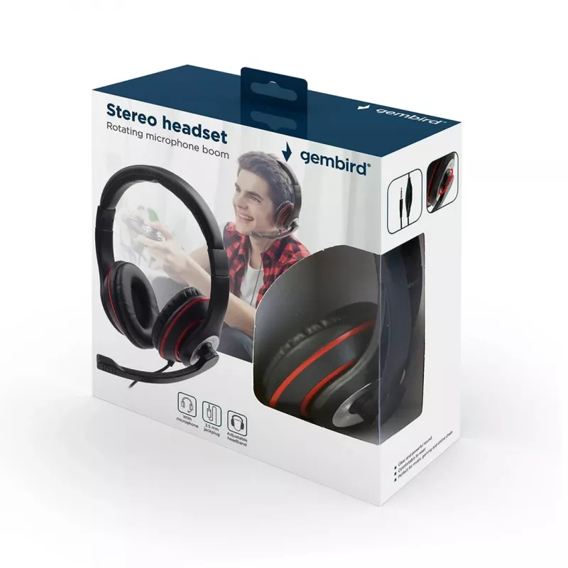 Wired gaming headset GEMBIRD MHS-03-BKRD — binaural, circumaural, 3.5 mm, 1.8 m cable, red/black