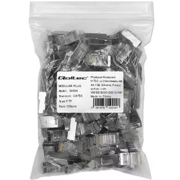Modular RJ45 connector QOLTEC 54554 CAT5e FTP, 100 pcs, silver, plastic, 11×22×18 mm
