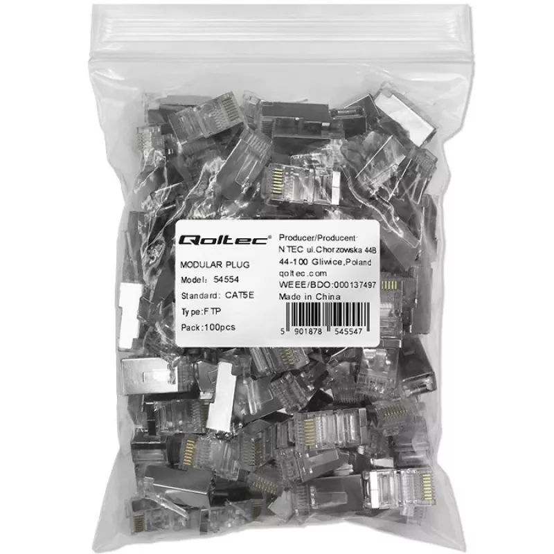 Modular RJ45 connector QOLTEC 54554 CAT5e FTP, 100 pcs, silver, plastic, 11×22×18 mm
