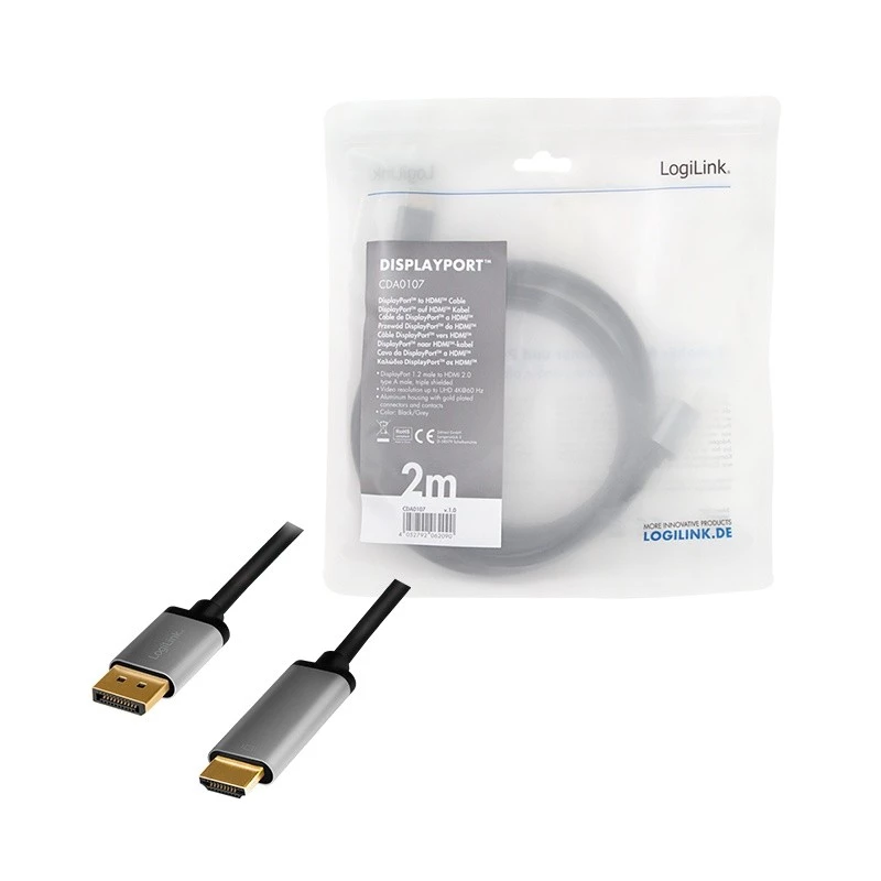 LogiLink CDA0107 video cable adapter 2 m DisplayPort HDMI Black Grey
