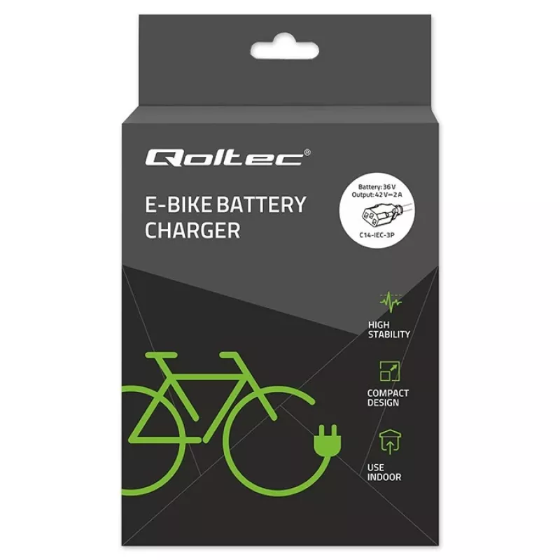 Charger QOLTEC 36V–42V 2A with C14 IEC 3-pin connector for e-bike batteries