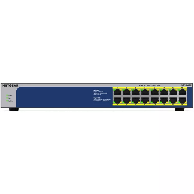 NETGEAR GS516PP Unmanaged Gigabit Ethernet (10/100/1000) Power over Ethernet (PoE) Blue, Grey
