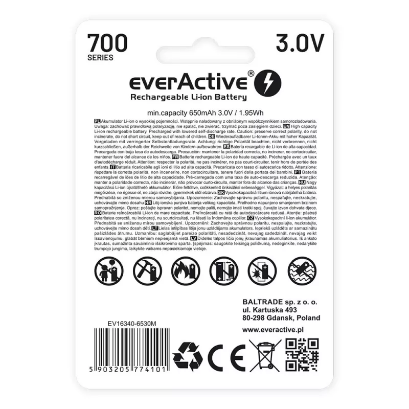 Rechargeable battery everActive EV16340 700mAh 3V with Micro USB charging