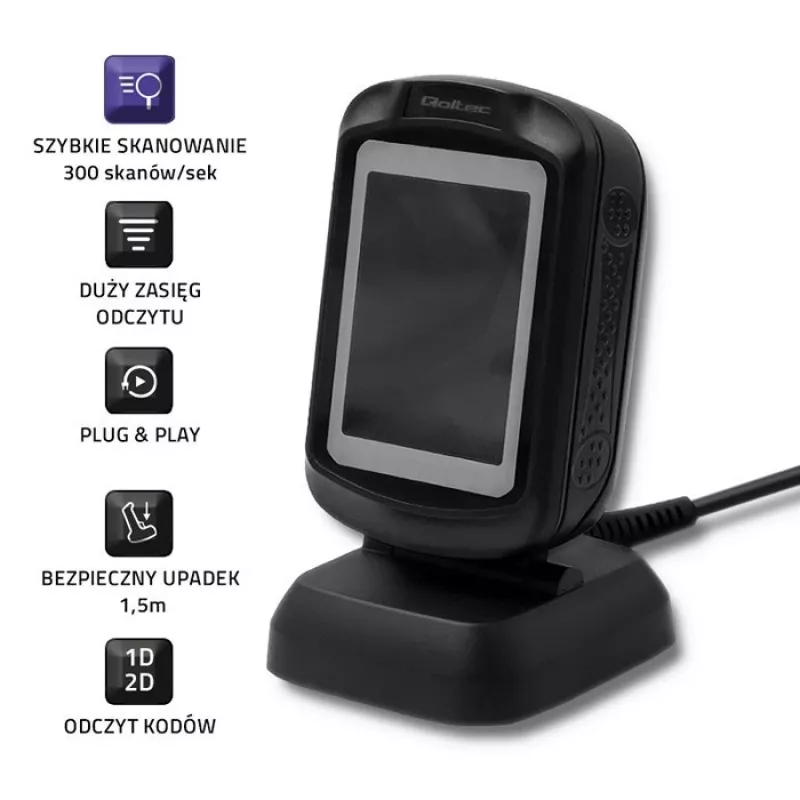 Fixed 1D/2D barcode reader QOLTEC 50864, LED sensor, USB wired, black, 145×85×80 mm