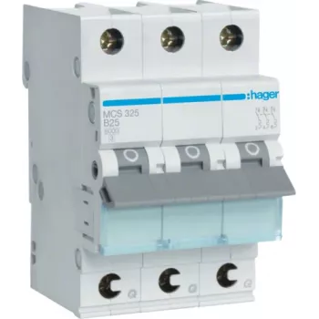 Hager MCS325. Rated Current: 25 A, AC Input Frequency: 50/60 Hz. Type: C-type, Module Quantity (max): 3 Module(e). Width: 52,5 mm, Depth: 70 mm, Height: 83,4 mm (MCS325)