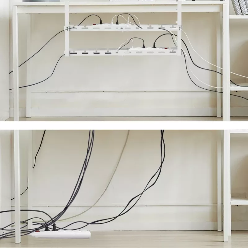 Under-desk cable organizer MACLEAN MC-102W — steel under-desk mount, adjustable length, fits 0.5–5 cm desks, load 5 kg, white
