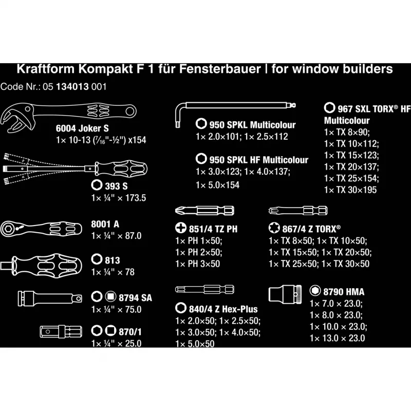 Kraftform Kompakt F 1, für Fensterbauer, 35-teilig, Werkzeug-Set schwarz/grün, inkl. Zyklop Mini 1 Bit-Ratsche, 1/4