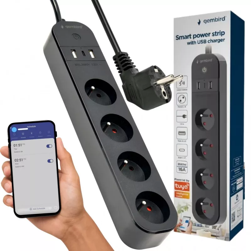 Power strip GEMBIRD TSL-PS-F4U-02 with 4 PL sockets and USB charger, black