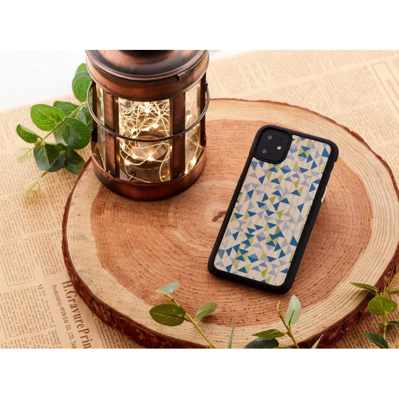 Phone case man and wood for iPhone 11 — blue triangle on black, protective hard-shell