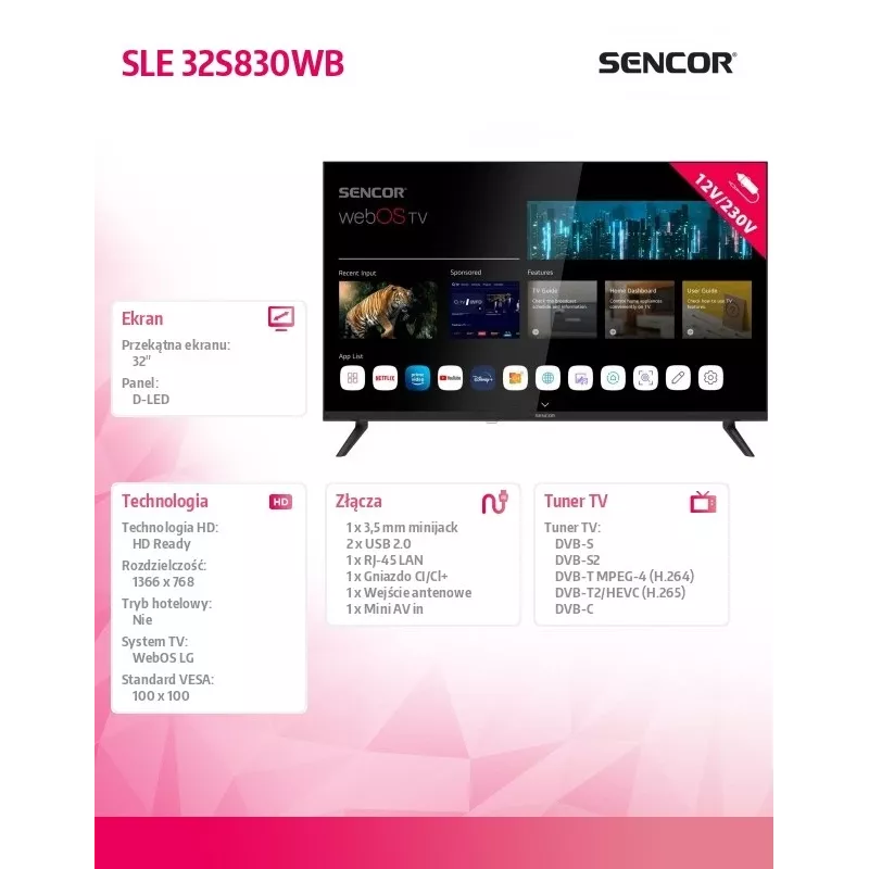 Television SENCOR SLE 32S830WB 32 inch LED Smart webOS 12V BT5.0