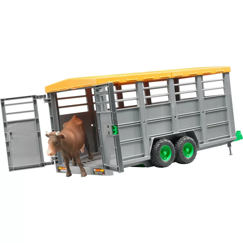 Livestock trailer with 1 cow model accessory, BRUDER, scale 1:16, plastic, green/grey