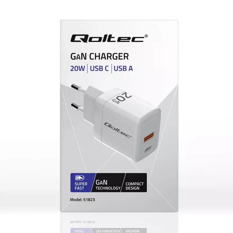 GaN Charger QOLTEC 51823 20W USB power adapter, 5V/20V output