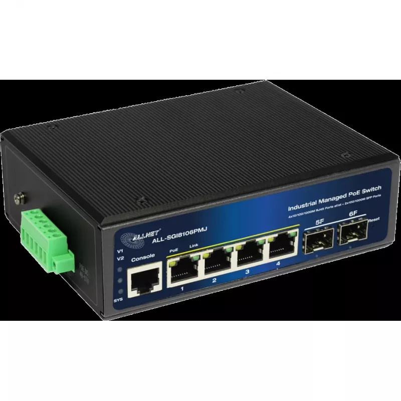 Industrial PoE Switch ALLNET ALL-SGI8106PMJ-BT — 6-port (4 PoE+), rugged metal chassis