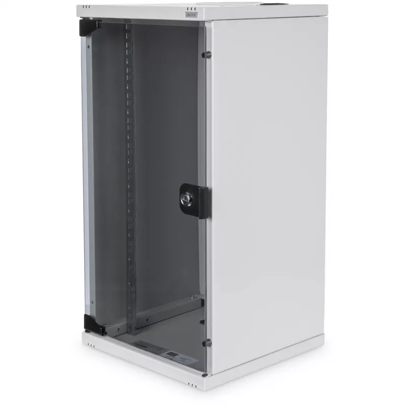 DIGITUS 10 inch Wall-Mounted Network Set 12U, 312 x 300 mm (W x D), Grey RAL 7035, with 8-Port Gigabit Switch, CAT6 Patch Panel, Shelf, Power Strip, and Accessories