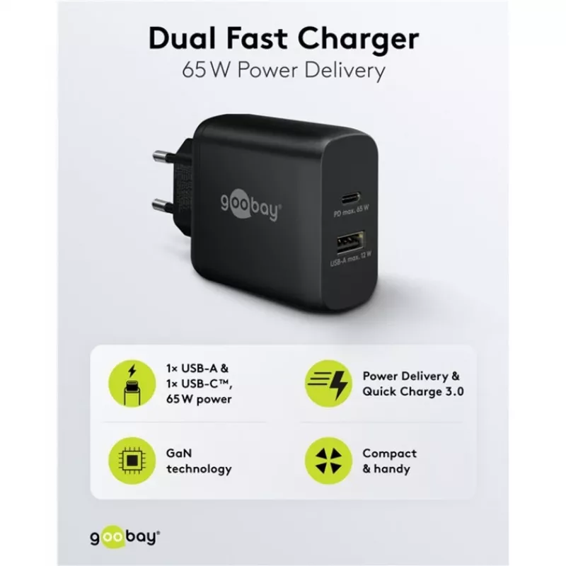 USB-C Dual-Fast Charger, PD, GaN, 65 Watt (black, 1x USB-C, 1x USB-A, Power Delivery)