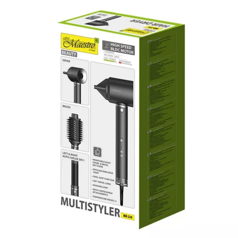 Multistyler 3in1 hair care set Maestro MR-230 — hair dryer, dryer-brush and automatic curling iron, 1200W, BLDC motor, 3.5 cm curl, 2 heat levels, black
