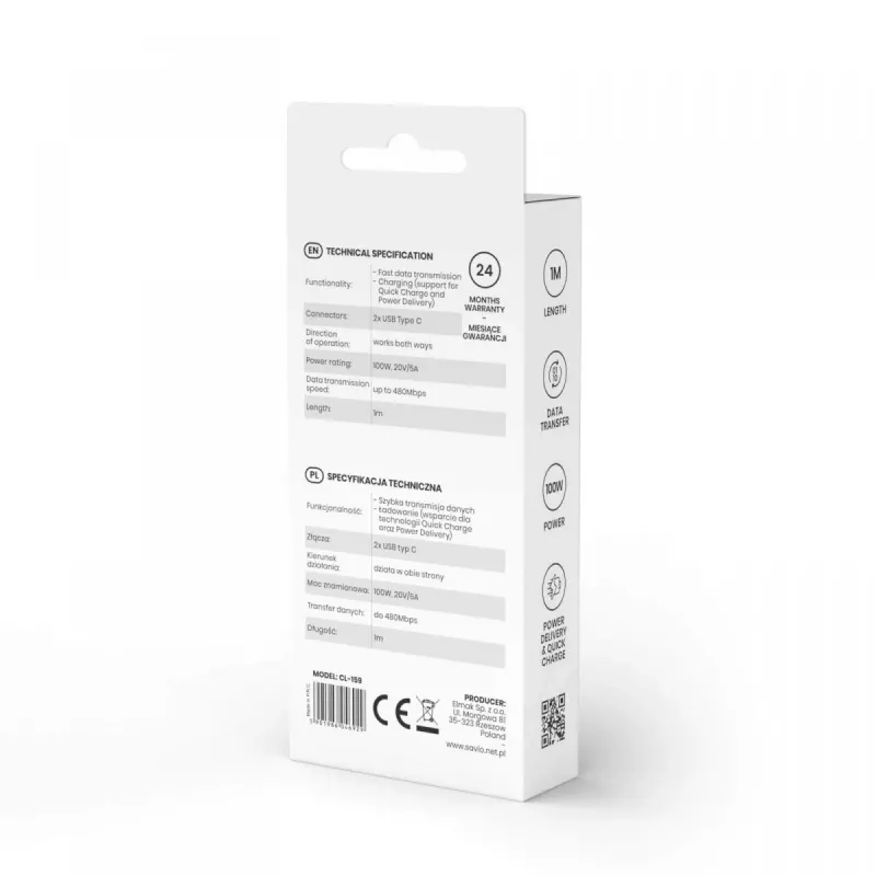 USB C to USB C cable SAVIO CL-159 1 m, USB 2.0 (480 Mbit/s), black, 2.1 A