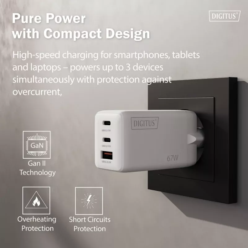 Wall charger DIGITUS DA-10303 67W GaN, 2× USB-C + 1× USB-A, 100–240V, white