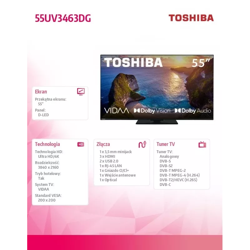 TV Toshiba 50UV3463DG 55 inch 4K Ultra HD DLED 3840 x 2160