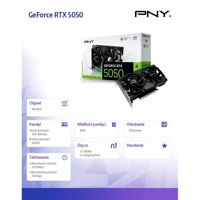 Graphics card PNY GeForce RTX 5050 — 8 GB GDDR6, 2317 MHz, 128-bit, PCIe x8 5.0, dual-fan cooling