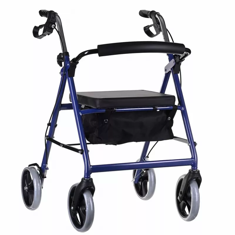 Four-wheel rollator walker with seat, blue/black