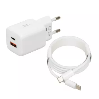 USB charger IBOX ILUC42W 42W (33W max), 1×USB-C PD3.0, 1×USB-A QC3.0, 100–240V, white