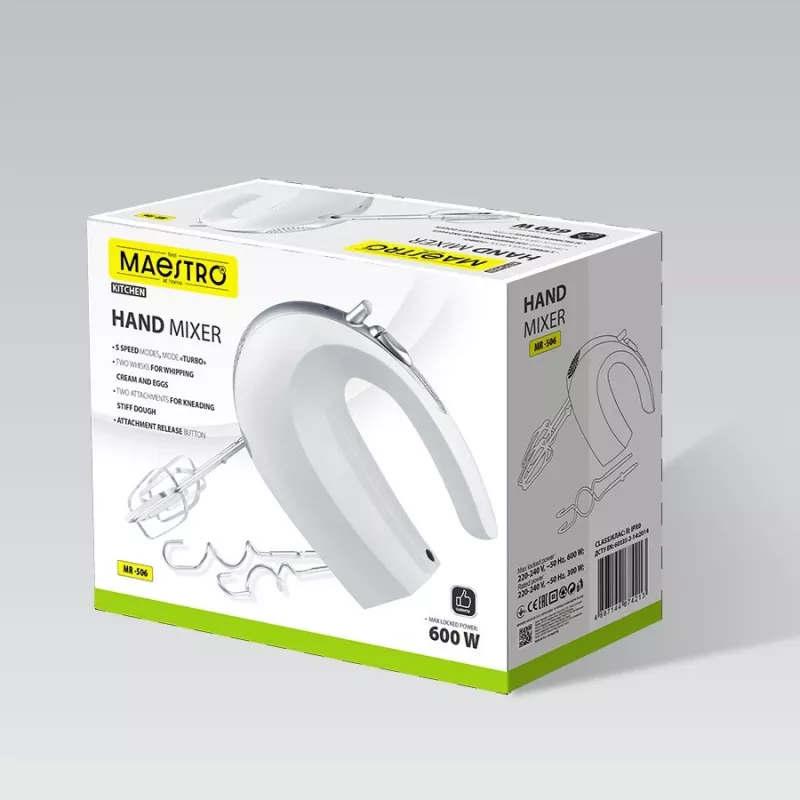 Hand mixer Maestro MR-506 — 2-speed, white, compact kitchen mixer