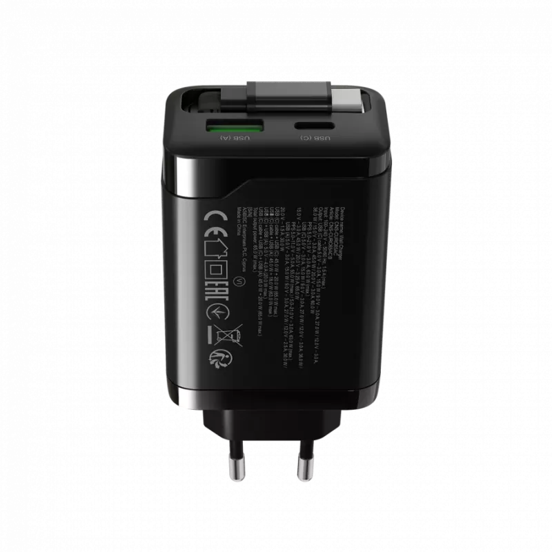 Charger CANYON OnCharge 65RC with built-in USB-C cable, 65W, 1x PD, 1x QC, EU plug, Black