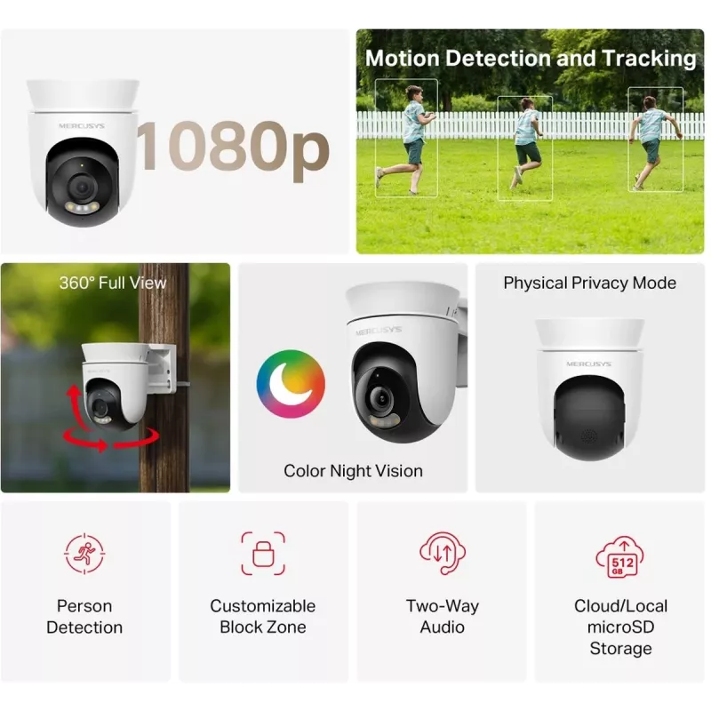 IP security camera MERCUSYS MC500 1080p WDR Wi‑Fi Outdoor Bulb IP65 PoE/DC 2‑way Audio 340° pan 9x optical zoom