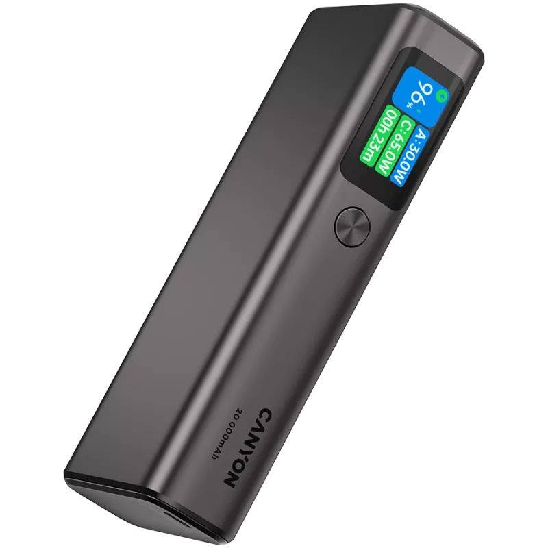 Canyon OnPower 230 TFT power bank, 20000 mAh, PD 130 W, 2x USB-C + USB-A, metal case, Dark Grey