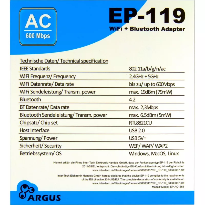 USB Wi‑Fi / Bluetooth Adapter INTER-TECH EP-119, Wi‑Fi 5 (802.11ac) Dual‑band 600 Mbit/s