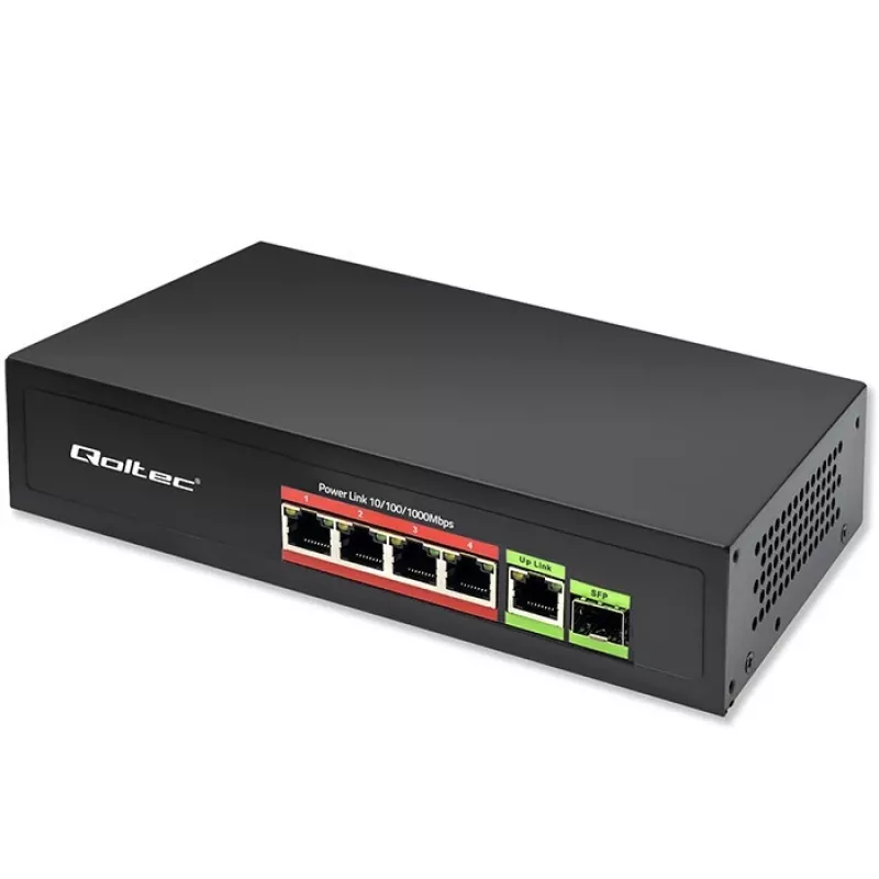 Ethernet PoE Switch QOLTEC 52296 — 4x RJ45 PoE ports, 1x RJ45 uplink