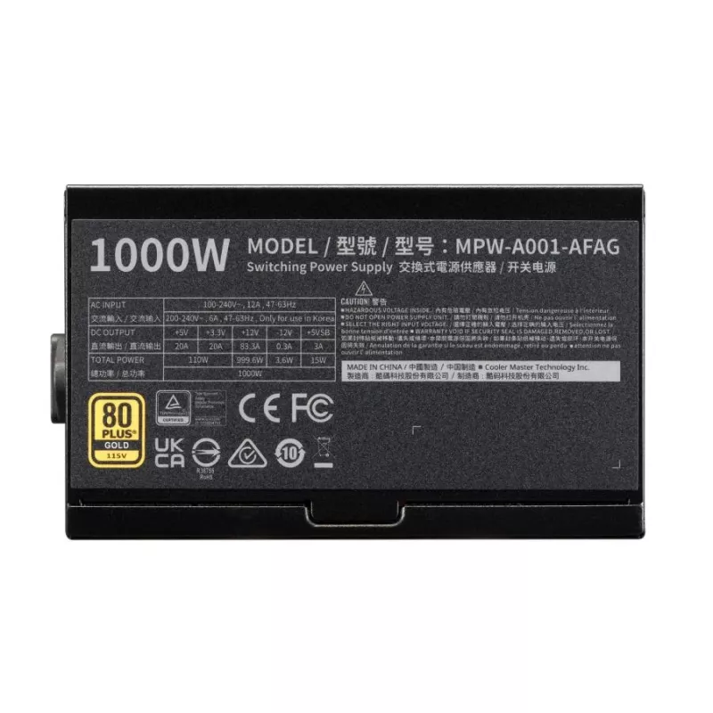 Cooler Master MPW-A001-AFAG-BEU Gold 80+ 1000W PSU, INTEL ATX 3.1, 135mm, FDB long-life bearing fan