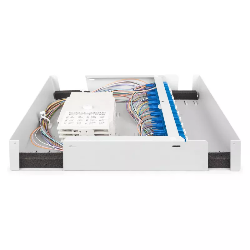 Fiber optic wall-mounted housing DIGITUS DN-96843M-OS2, singlemode, assembled, 24×LC DX adapters with pigtails, steel, grey, 320×54×280 mm